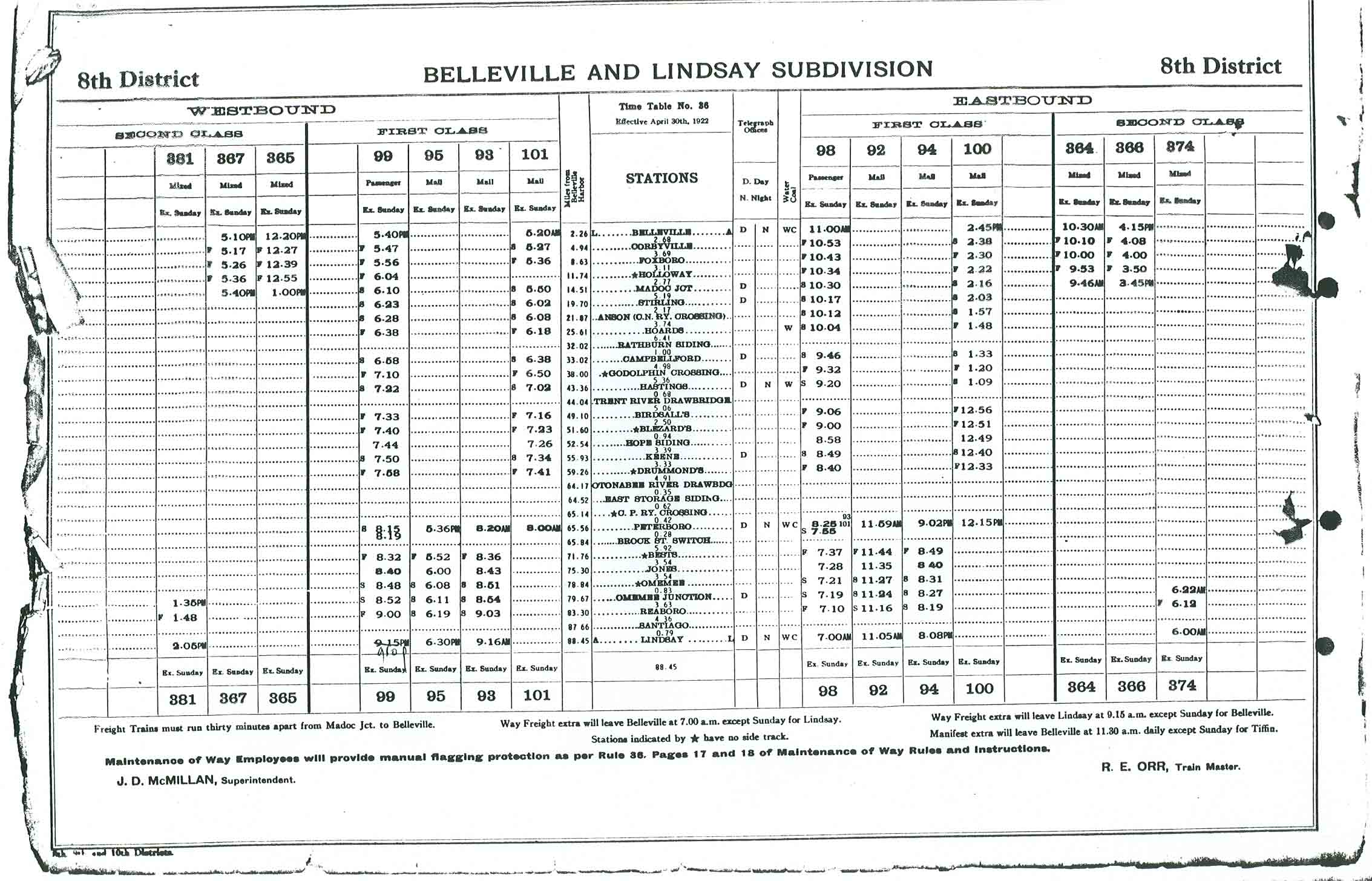 19220430 employee timetable eastern lines belleville division